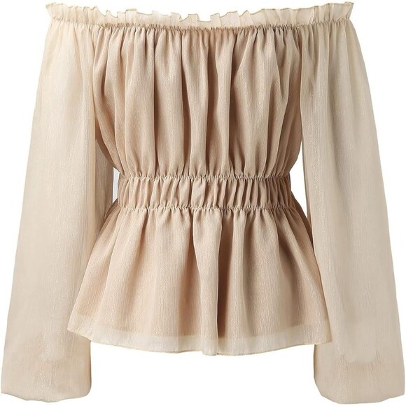 Women Off Shoulder Peplum Tops Long Sleeve Blouse Slim Fit Babydoll Top - Picture 2 of 3